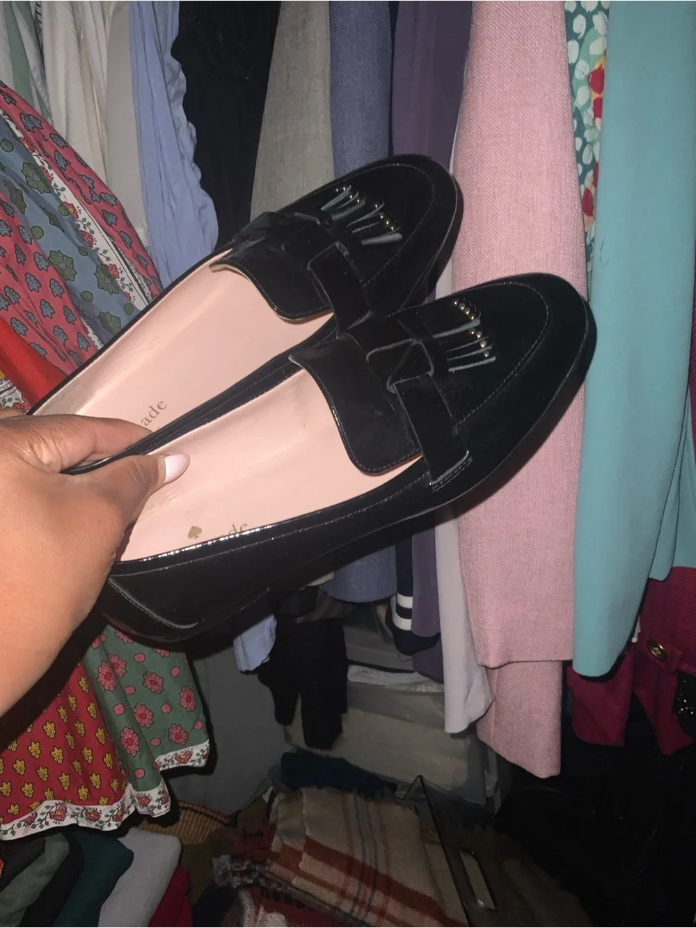 kate spade Black Tassel Penny Loafers with Nude-Pink Lining